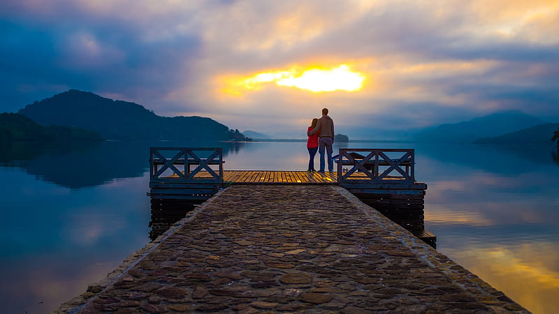 Couple Standing On Wood Dock In Yellow Blue White Sky Background Couple, HD wallpaper