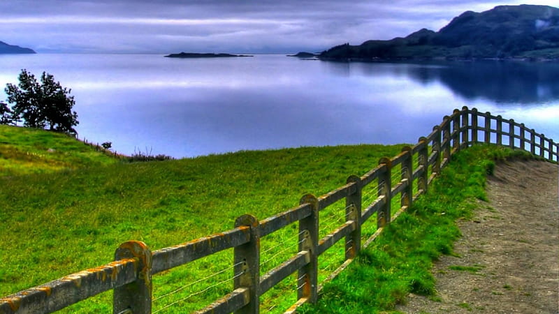 pasture to a quite bay, fence, pasture, bay, hill, HD wallpaper
