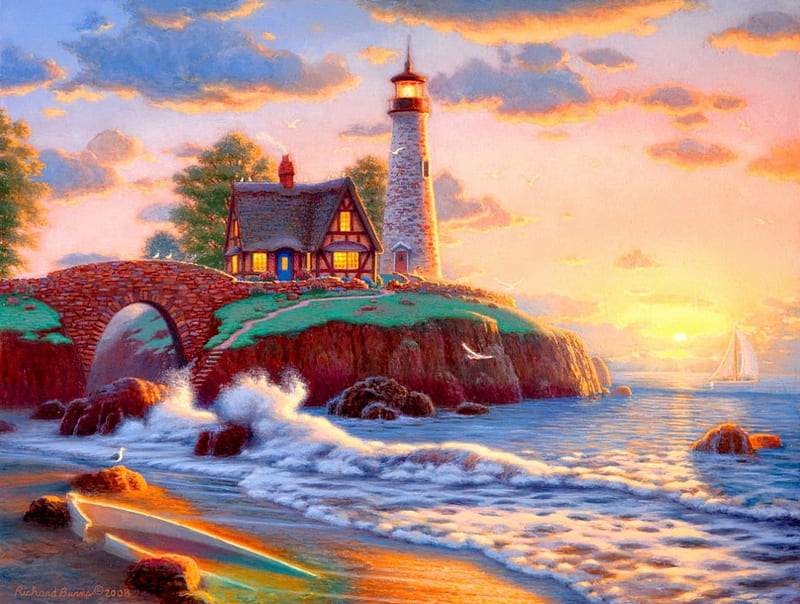 Lighthouse point, rocks, colorful, glow, shore, fiery, shine, bonito, sunset, sea, painting, sunrise, art, amazing, ocean, waves, sky, lighthouse, point, rays, summer, island, coast, HD wallpaper