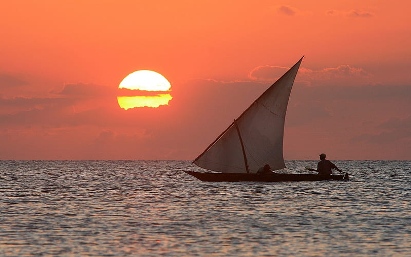 Sunset in Tanzania, ocean, yacht, Africa, Zanzibar, sunset, sailboat, Tanzania, HD wallpaper