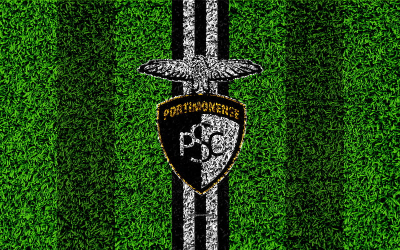 Portimonense SC logo, football lawn, Portuguese football club, white black lines, Primeira Liga, Portimao, Portugal, football, Portimonense FC, HD wallpaper