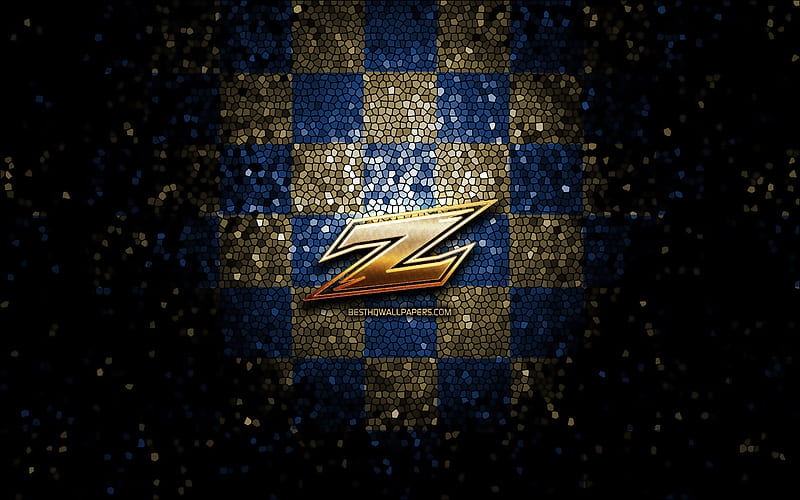 Akron Zips, glitter logo, NCAA, blue brown checkered background, USA, american football team, Akron Zips logo, mosaic art, american football, America, HD wallpaper