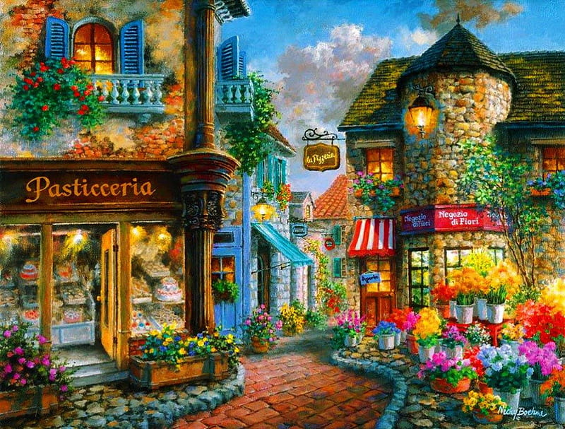 Romantic place, shop, pretty, cafe, bonito, nice, stone, painting, village, flowers, street, art, vacation, lovely, romantic, town, sky, restaurant, summer, alley, HD wallpaper