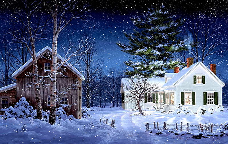 Green-shuttered Home F2C, art, artwork, winter, farm, snow, painting, wide screen, scenery, landscape, HD wallpaper