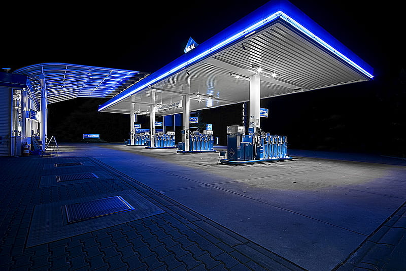 Gas station, station, r, blue, night, light, gas, HD wallpaper