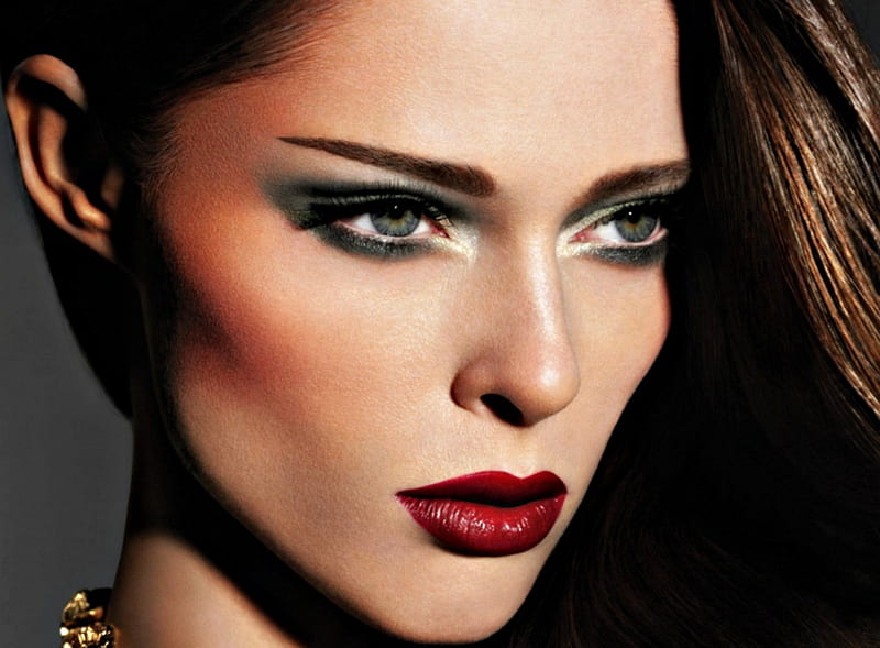 Coco Rocha, red, model, woman, make-up, girl, green, face, eyes, HD wallpaper