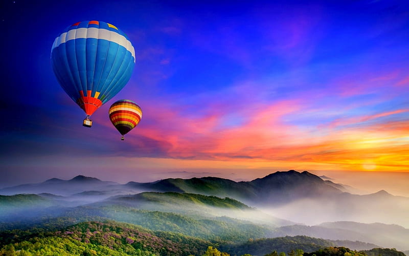 FANTASY BALLOON FLIGHTS, hills, mountains, hot air balloons, clouds, sky, fog, HD wallpaper