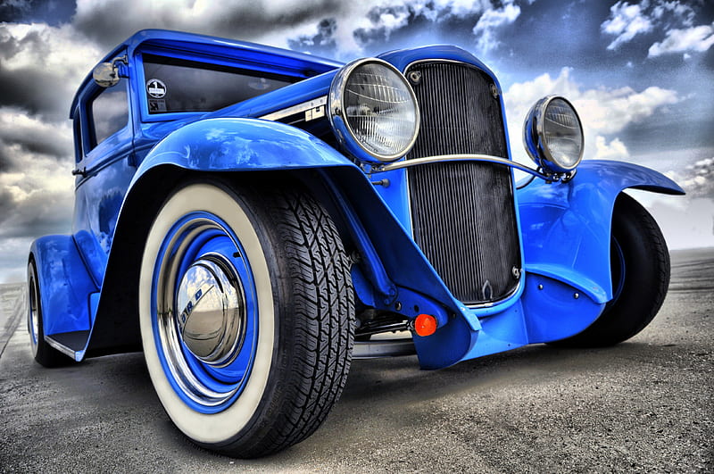 Hot Rod, oldtimer, tuned, oldie, blue, wheels, HD wallpaper