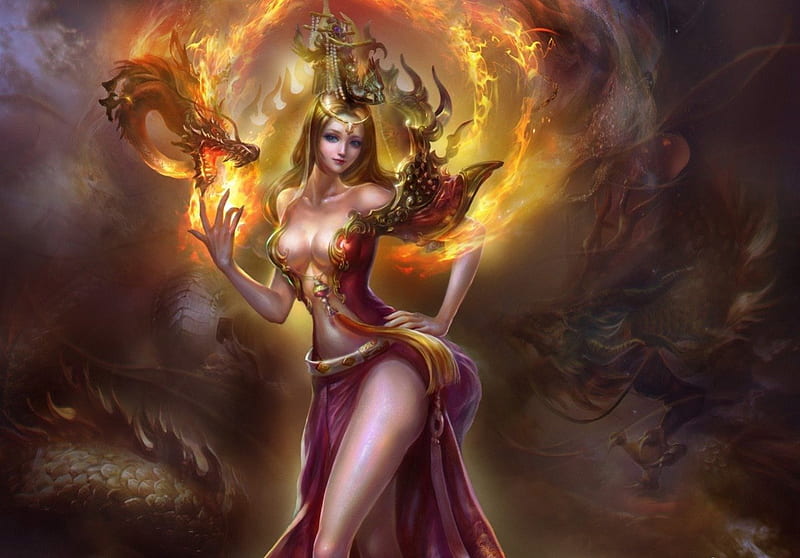 Dragon Lady, Dragons, Pink, Woman, Fire, Magic, HD wallpaper | Peakpx