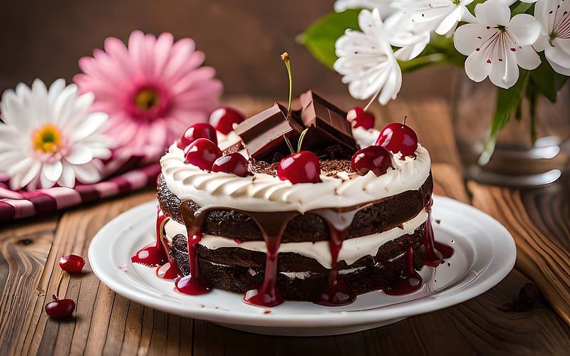 Cake with Cherries, cake, cherries, chocklet, AI art, chocolate, flowers, HD wallpaper