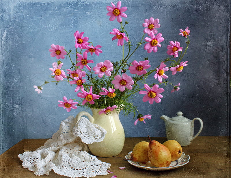 Still life, pretty, lace, pot, bonito, old, gently, fruit, graphy, nice, flowers, beauty, pink, blue, harmony pear, lovely, colors, soft, delicate, elegantly, cool, bouquet, flower, petals, kettle, HD wallpaper
