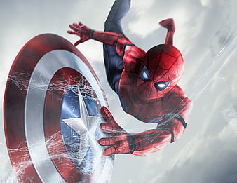 Spiderman Catching Captain America Shield, spiderman, captain-america, shield, artist, artwork, artstation, HD wallpaper