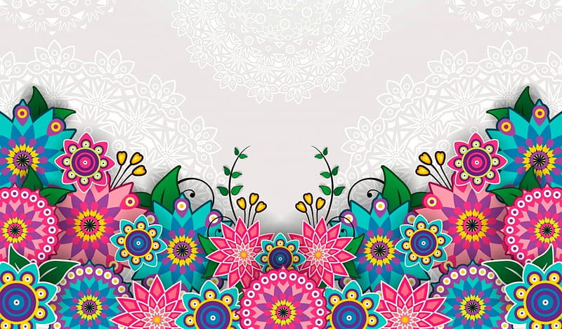 Flowers, green texture, flower, white, pink, blue, HD wallpaper
