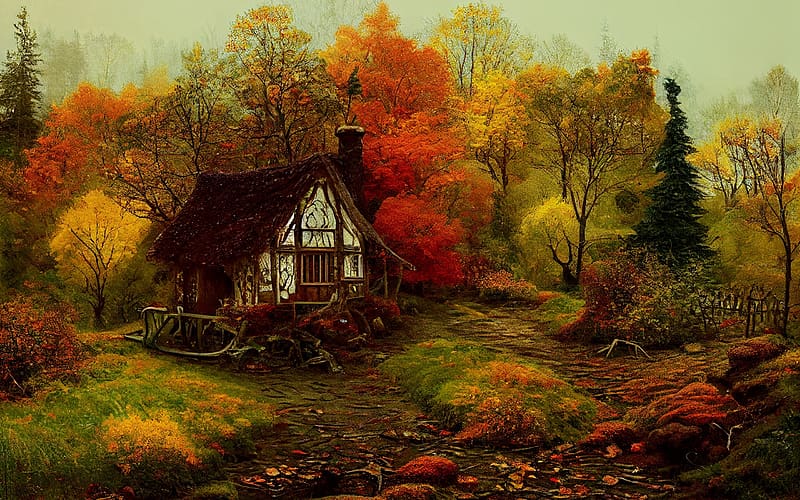 Autumn, house, pictura, orange, toamna, tree, art, painting, yellow ...