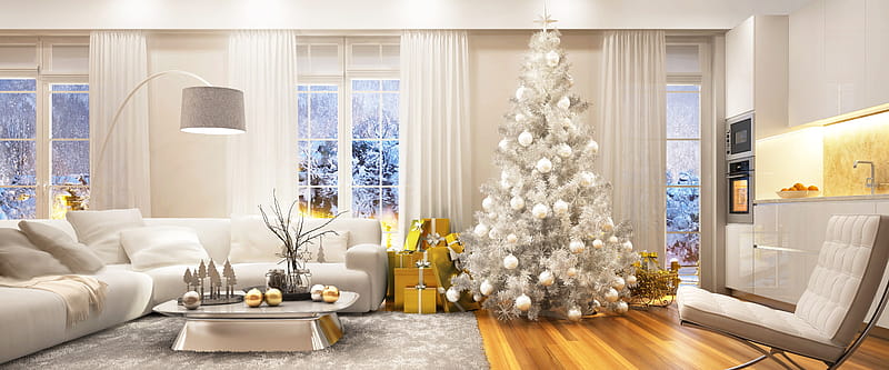 Color Coordinated Room Decorated for Christmas in White and Gold, Christmas Living Room, HD wallpaper