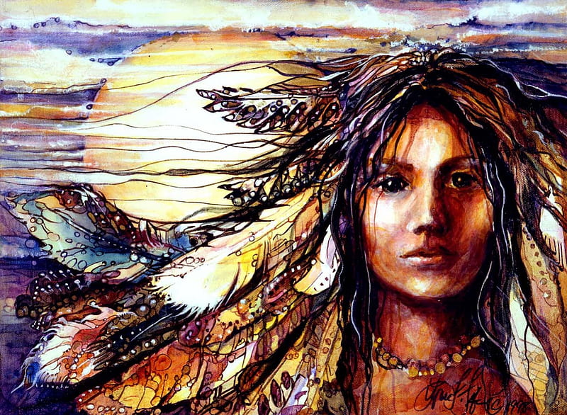 Golden Girl, native girl, indian, american indian girl, watercolour painting, abstract, HD wallpaper