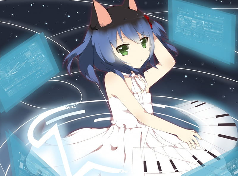 ~Kitty Ears~, girl, blue hair, anime, computer screens, green eyes, piano keys, white dress, cat ears, HD wallpaper