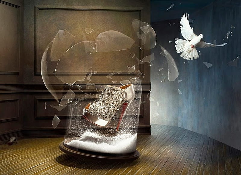 :-), glass, beauty and the beast, bird, louboutin, khuong nguyen, dove, white, shoes, HD wallpaper