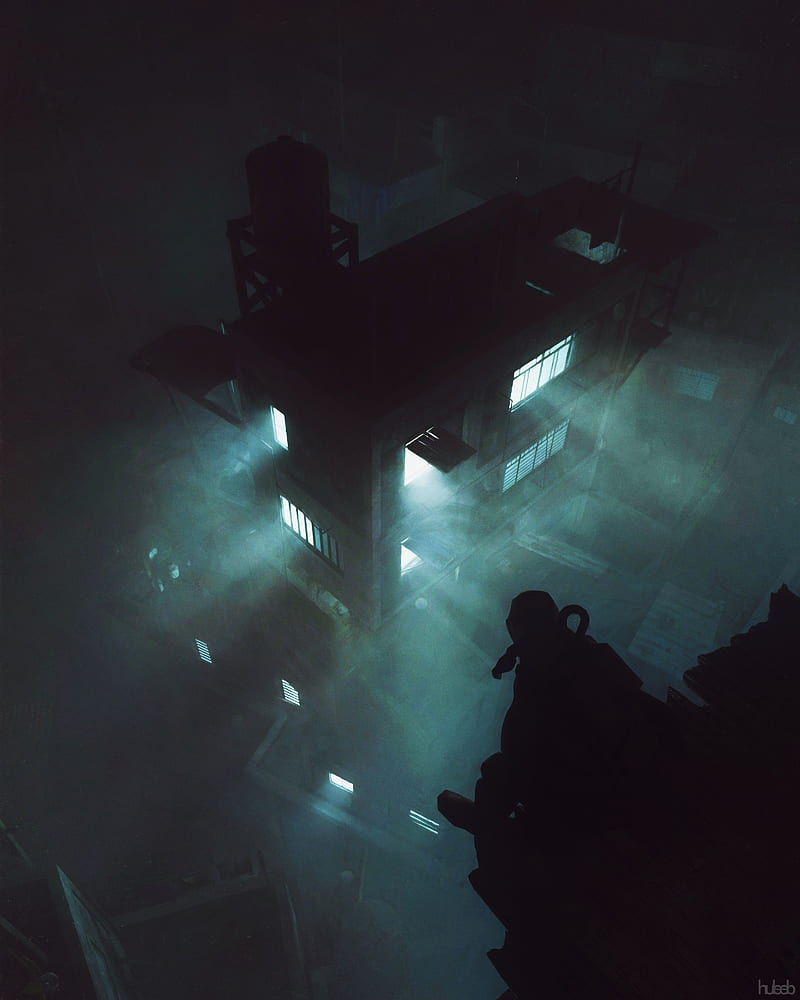 silhouette, gas mask, building, night, apocalypse, dark, HD phone wallpaper