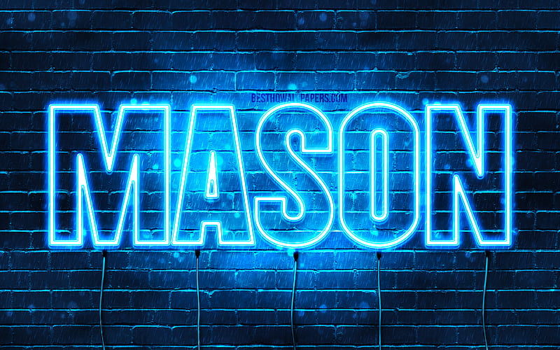 Mason with names, horizontal text, Mason name, blue neon lights, with Mason name, HD wallpaper