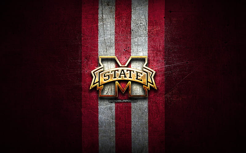 Mississippi State Bulldogs, golden logo, NCAA, purple metal background, american football club, Mississippi State Bulldogs logo, american football, USA, HD wallpaper