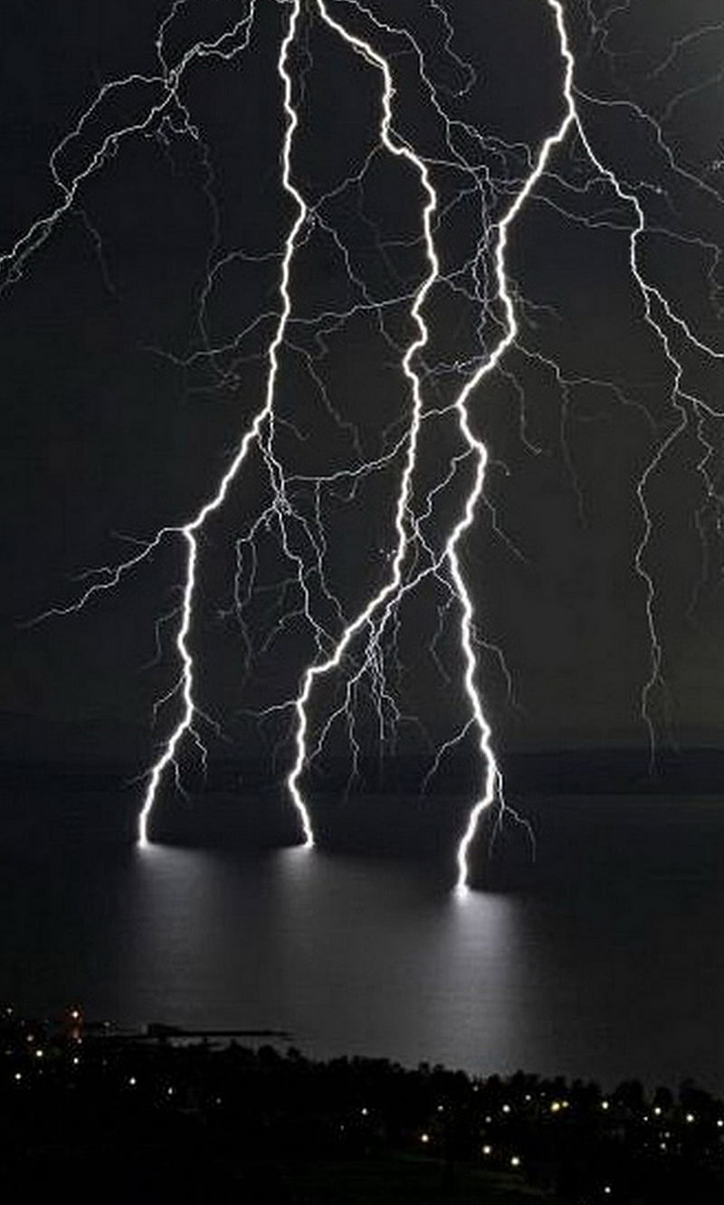 Storm, dar, lightning, night, river, sea, thunder, water, HD phone wallpaper