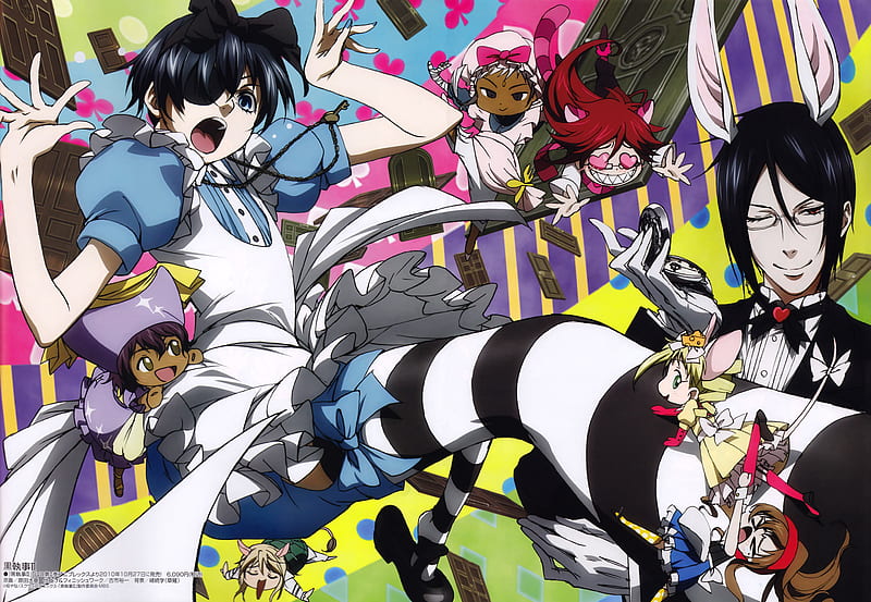 Ciel in Wonderland with Chibis, ciel, kuroshitsuji, anime, sebastian, HD wallpaper