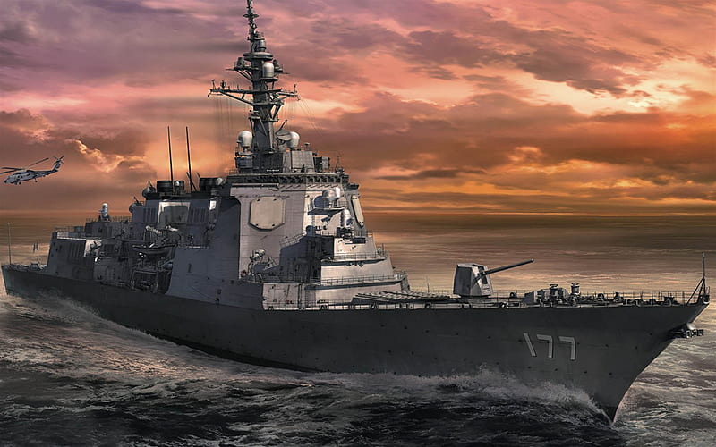 JS Atago, JMSDF, DDG-177, Atago-class guided missile destroyer, japanese warship, warship drawings, japan Maritime Self-Defense Force, japan, HD wallpaper