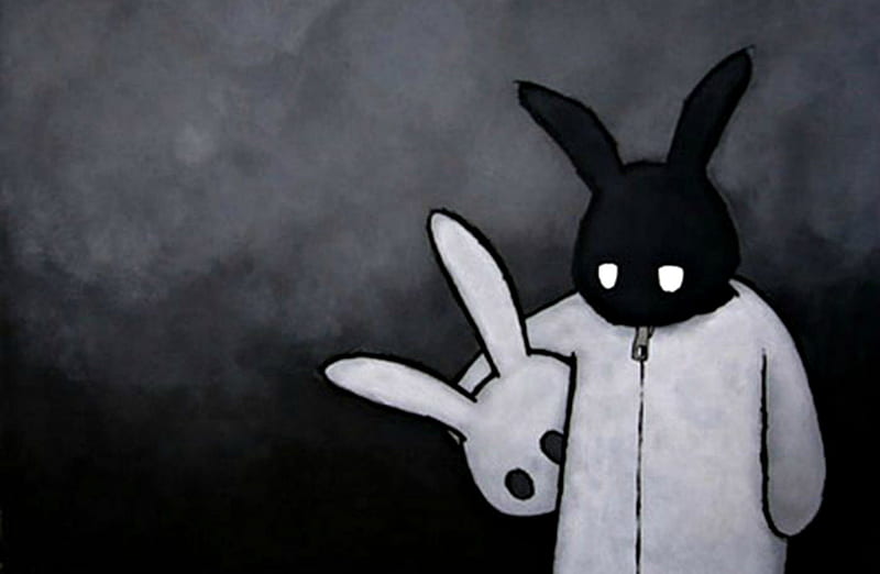 Sad Dark Bunny ~, white and black, wall, emo, darkness, dark, sad, new, bunny, scene, HD wallpaper