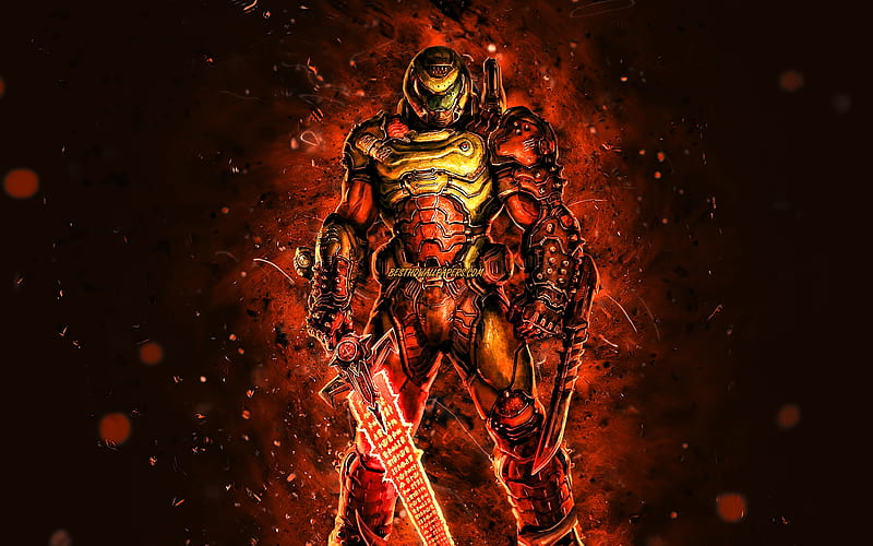 Doom Slayer, orange neon lights, Doom, protagonist, characters, Doomguy, Doom Slayer , Doom Eternal, HD wallpaper