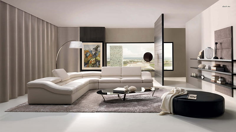 simplistic living room, table, lamp, lounge, tv, HD wallpaper