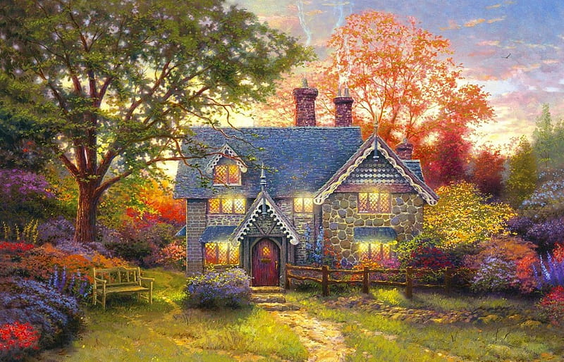 Cottage Of Colors, gardenpath, lovely, grass, cottage, bench, colors, bonito, trees, foliage, lights, flowers, HD wallpaper