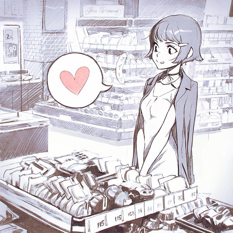 stores, food, heart, anime girls, Ilya Kuvshinov, HD phone wallpaper