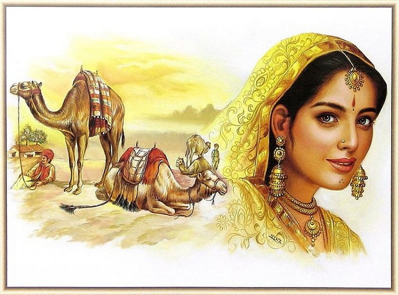INDIAN BEAUTY, desert, girl, indian, painting, bonito, camels, HD wallpaper