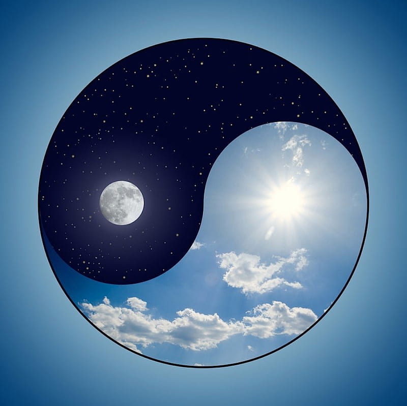 Yin yang - day and night, yang, colorful, sun, desenho, sign, bonito, abstract, yin, spheric, moon, day, color, night, HD wallpaper