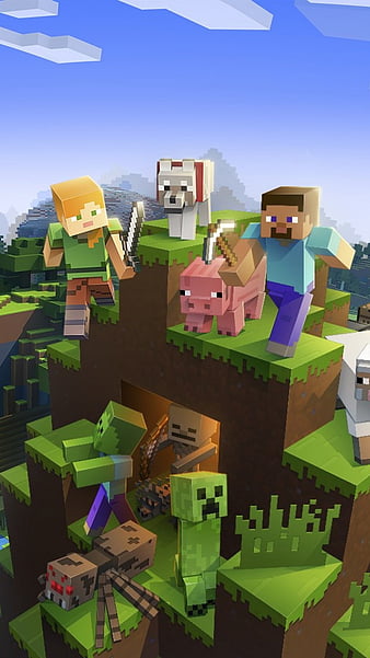 Minecraft, game, grass, horse, pig, sheep, spider, steve, video game, zombie, HD phone wallpaper