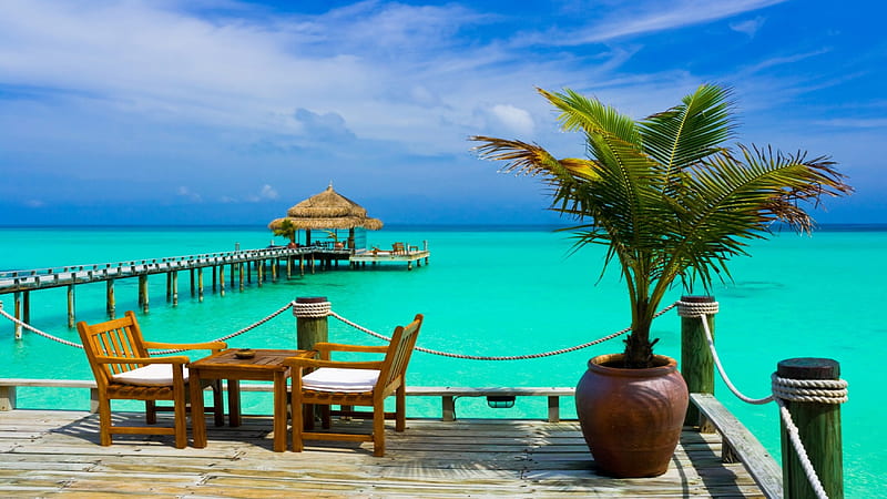 Maldives Island, resort, turquoise water, palm, bonito, clouds, sea, beach, walkway, paradise, summer, wooden terrace, island, tropical, HD wallpaper
