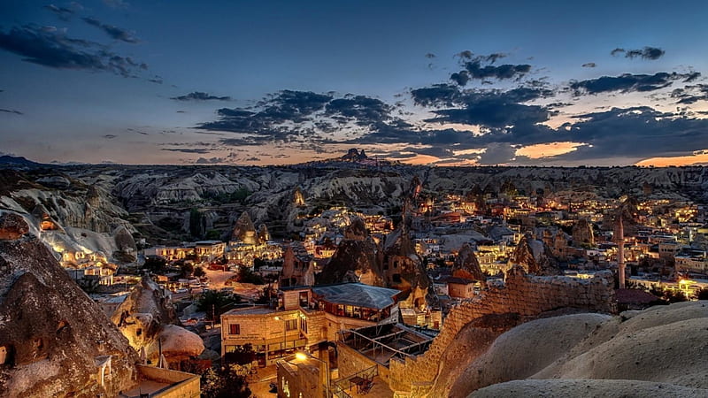 magical town of cappadocia turkey at sunset r, hills, rocks, sand, mosque, town, r, sunset, HD wallpaper