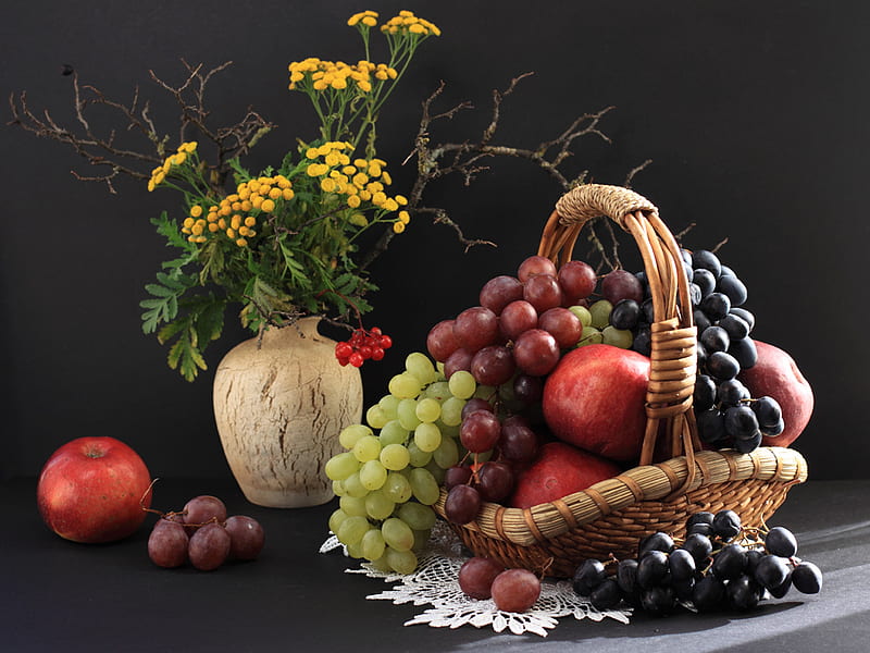 Flowers and fruits, grape, still life, fruits, flowers, vase, HD wallpaper