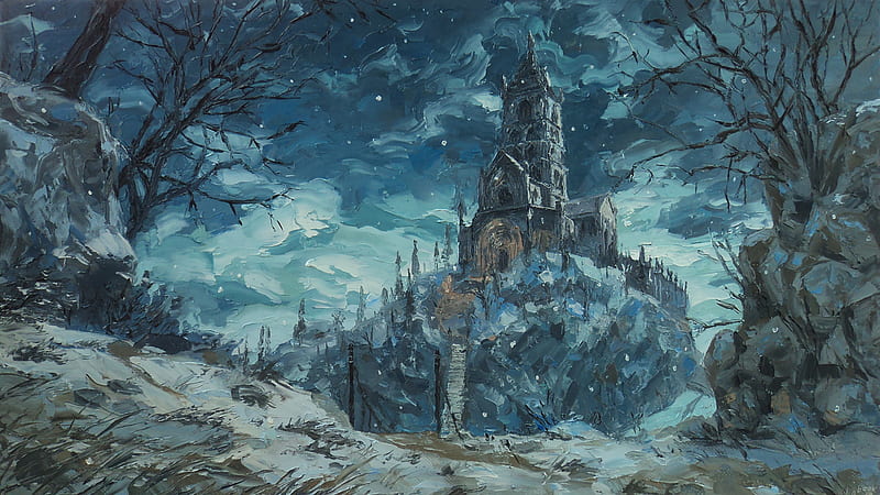 fantasy castle, medieval, painting, snow, winter, Fantasy, HD wallpaper