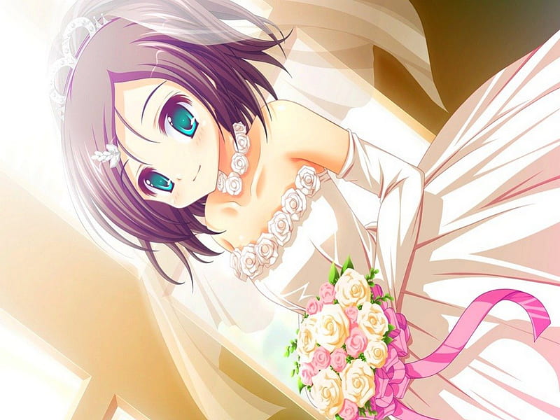 In Wedding Drees!!!!, renai kateikyoushi rurumi coordinate, bouquet, anime, wedding dress, bonito, kurokawa shizuku, blue eyes, sweet, HD wallpaper