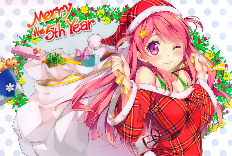 Kurumi, red, bag, hat, santa, merry, girl, anime, white, long hair, HD wallpaper