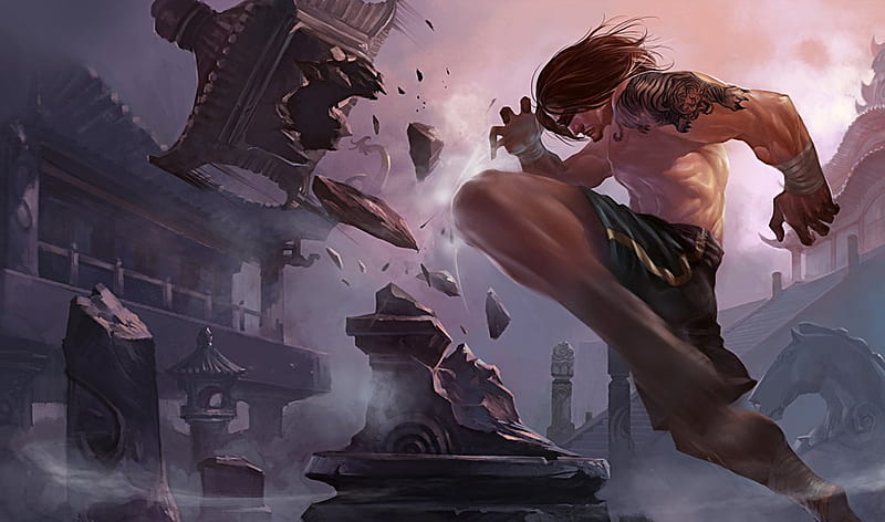 Lee Sin, male, lantern, tattoo, crushing, video games, tiger, assassin, league of legends, melee, the blind monk, riot, HD wallpaper