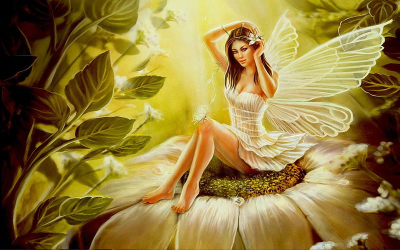 fantasy art, faires, leaves, wings, women, flowers, HD wallpaper