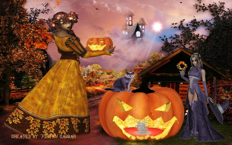 Halloween pose arts, halloween decorations, traditionally, horror , golden halloween, mystical art, HD wallpaper