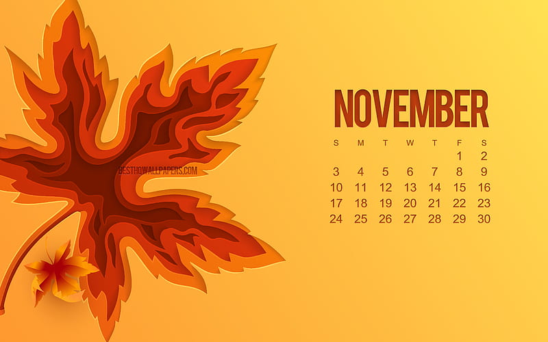2019 November Calendar, 3d autumn leaf, orange background, fall concepts, 2019 calendars, autumn, creative art November 2019 Calendar, HD wallpaper