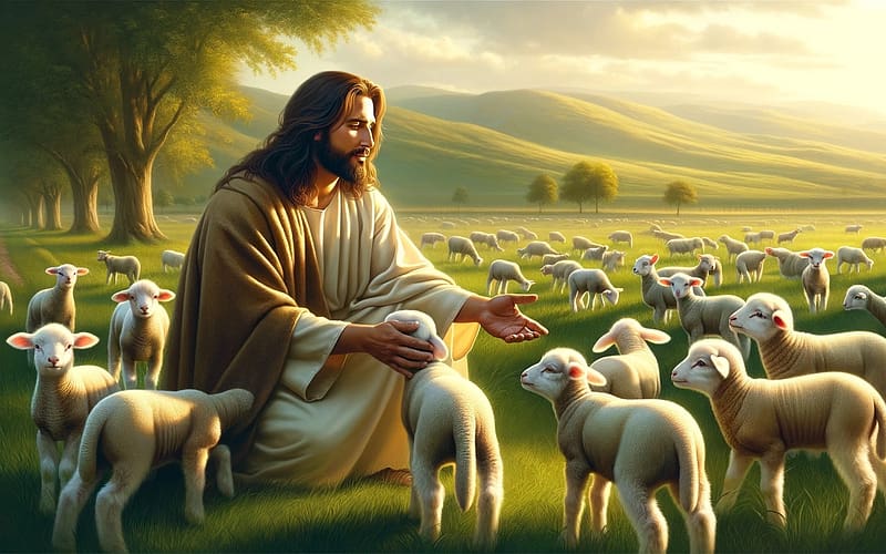 The Good Shepherd, lambs, hills, Jesus, AI art, HD wallpaper