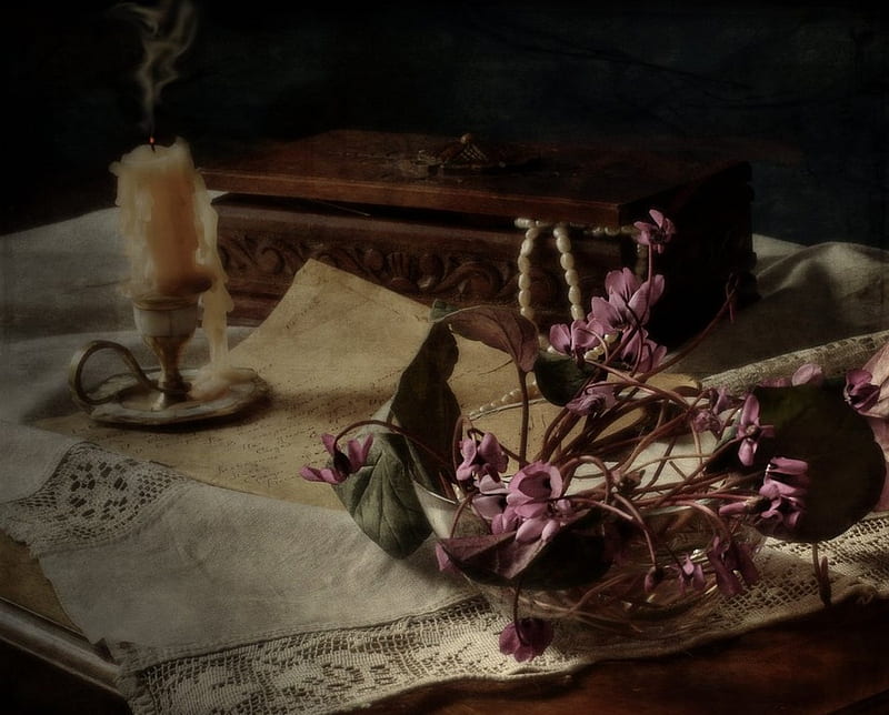 Waning, candle, chest, embroidered scarf, basket, flowers, vase, pearls, letter, HD wallpaper