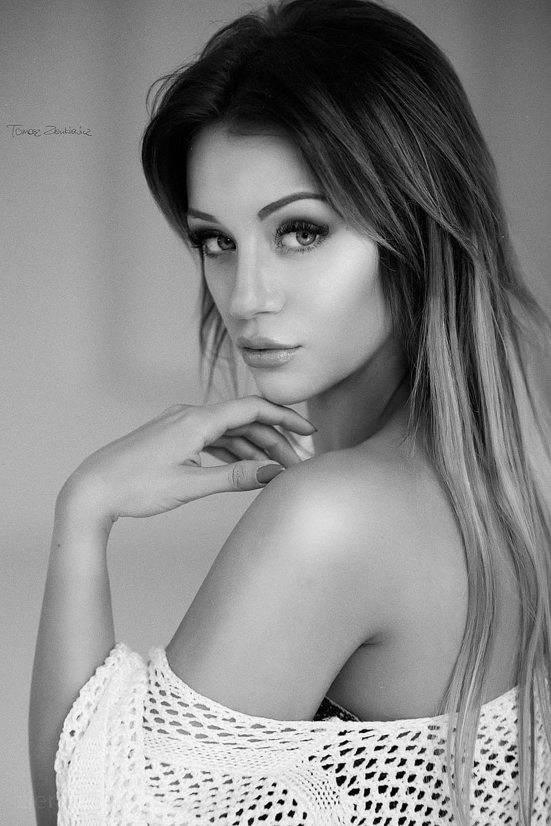 Tomasz Zienkiewicz, women, long hair, straight hair, looking at viewer, blouse, white clothing, see-through clothing, bare shoulders, portrait, monochrome, HD phone wallpaper