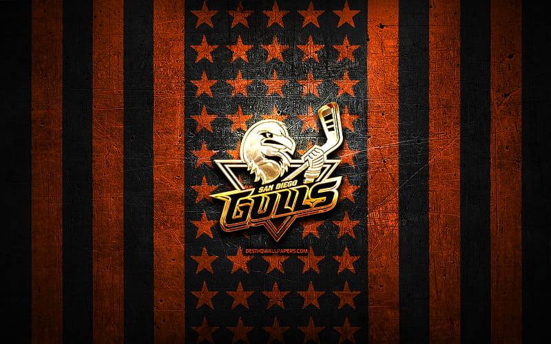 San Diego Gulls flag, AHL, orange black metal background, american hockey team, San Diego Gulls logo, USA, hockey, golden logo, San Diego Gulls, HD wallpaper